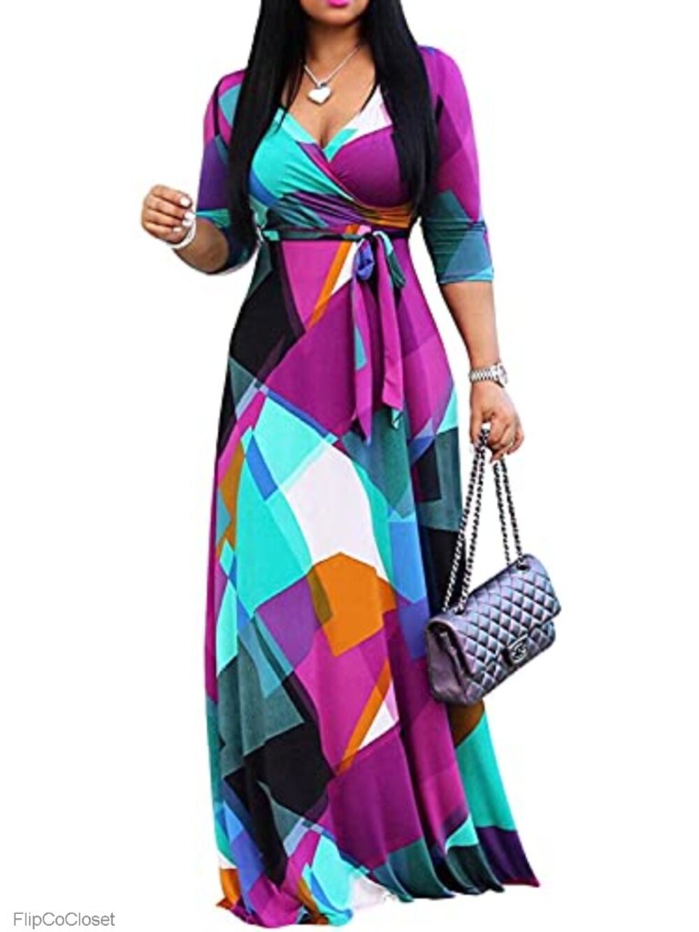 Women's Plus Size Floral Maxi Dress V-Neck 3/4 Sleeve Boho Summer Sundress with